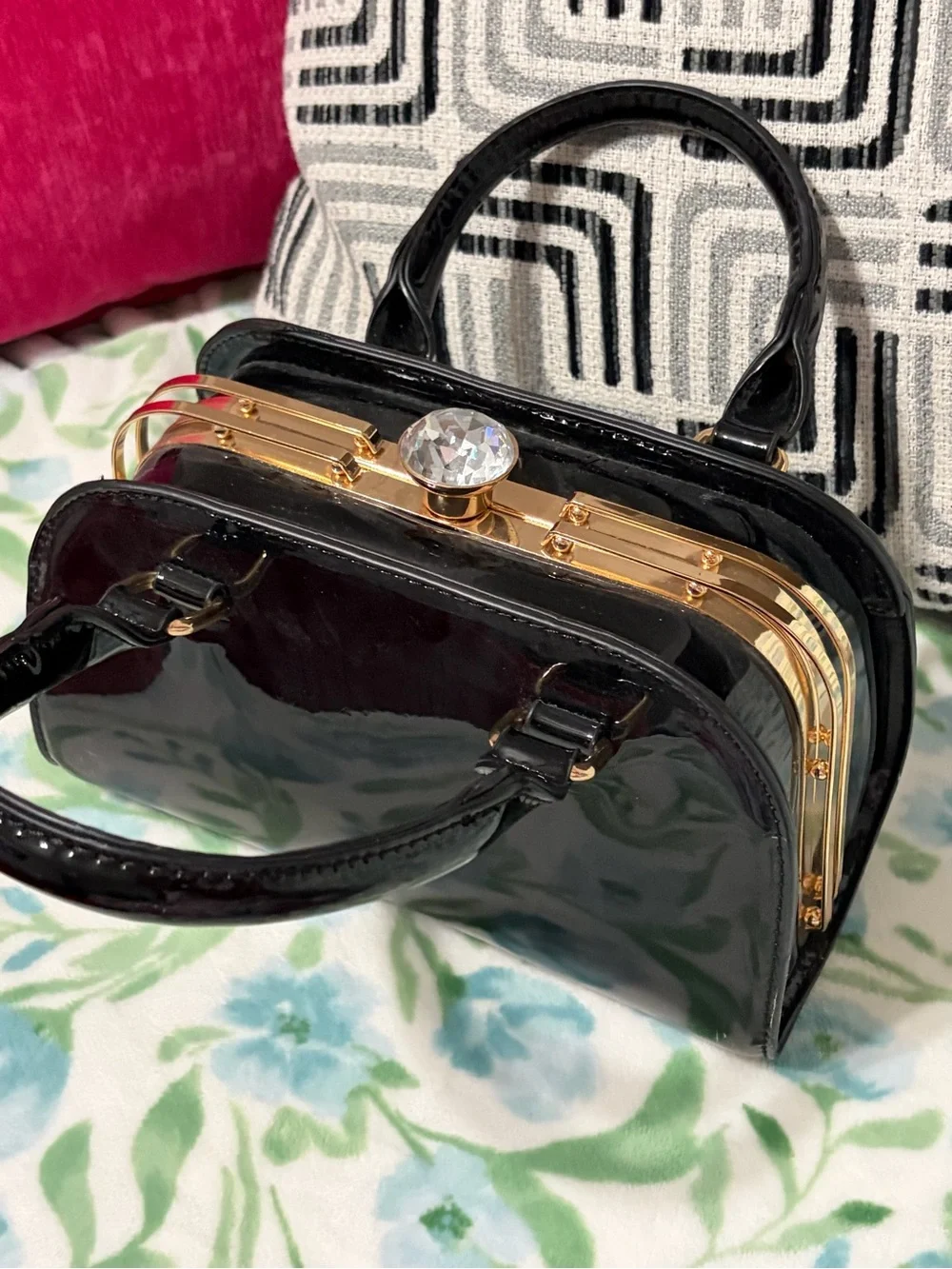 Patent Black Top-Handle Women's Bag with Crystal Clasp